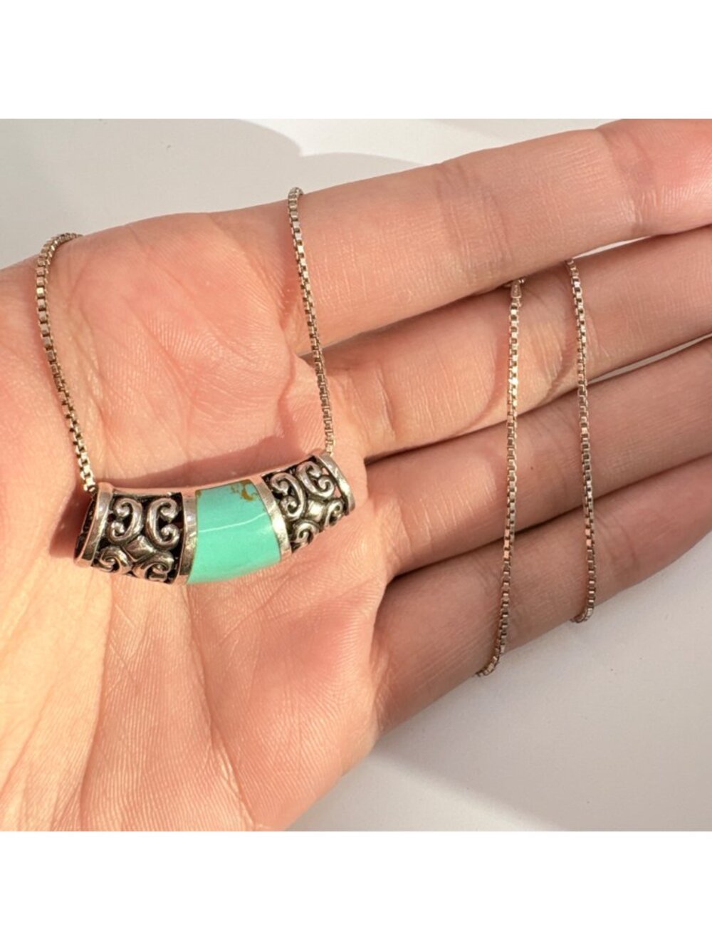 Turquoise & Sterling Silver 925 Scroll Slide Pendant Necklace Size 18" Length - Picture 6 of 13